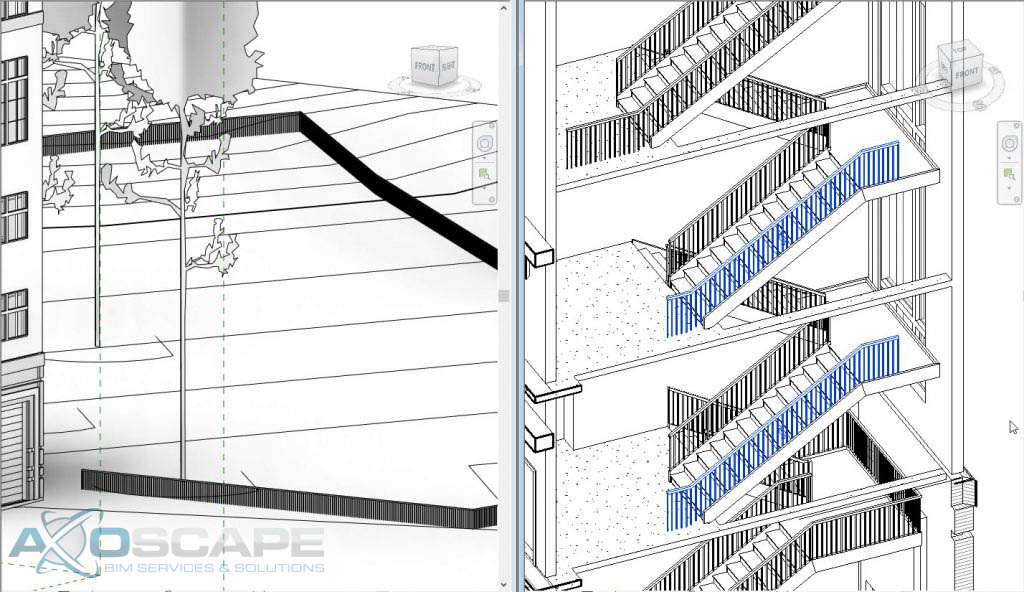Add railings to a stair tower with one click. Attach railings to topography to model fences or outdoor handrails.